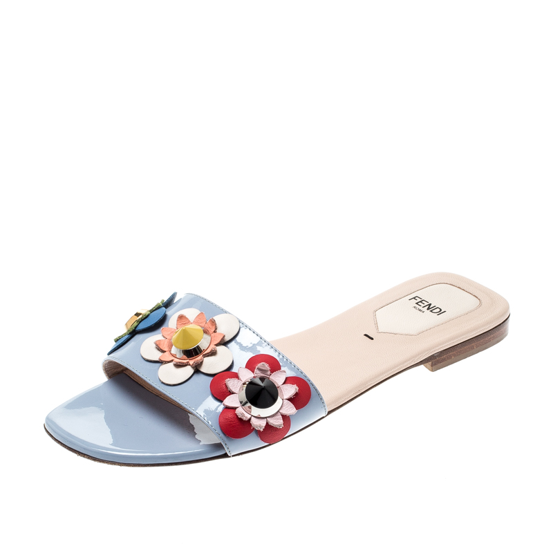 Pre Owned Fendi Blue Patent Leather Flowerland Embellished Flat Slides Size 37
