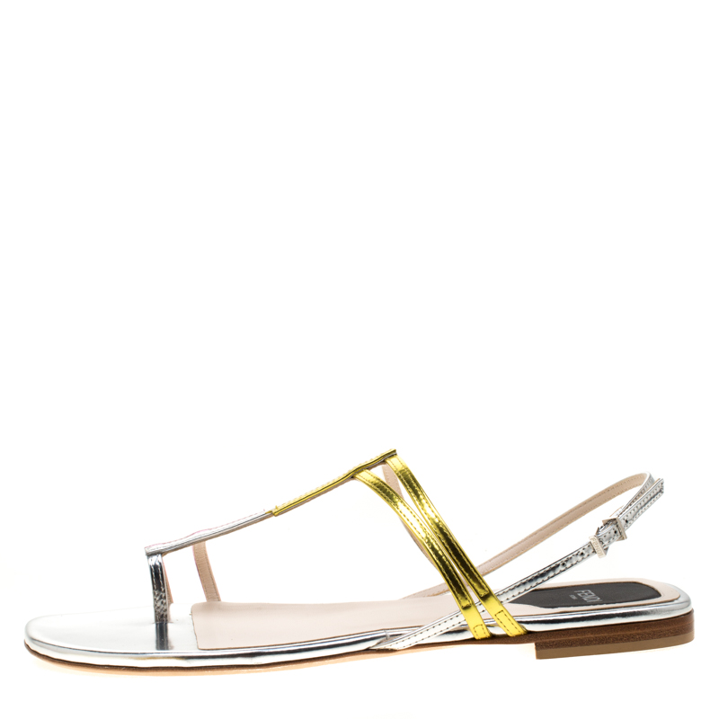 

Fendi Multicolor Metallic Leather Flat Sandals Size