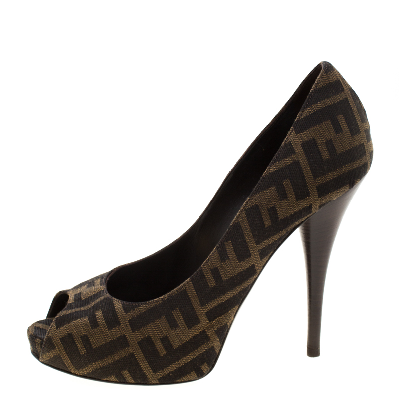 

Fendi Tobacco Zucca Canvas Peep Toe Pumps Size, Brown