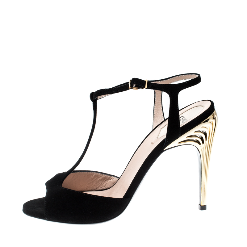 

Fendi Black Suede Encaged T-Strap Metal Heel Sandals Size