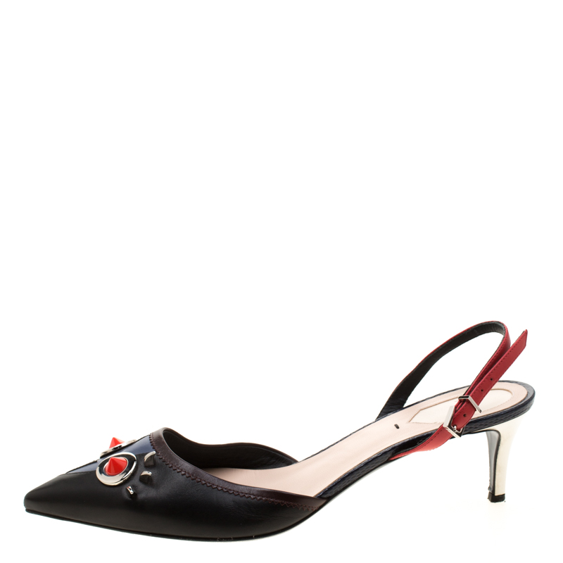 

Fendi Black Leather Studded Monster Slingback Sandals Size