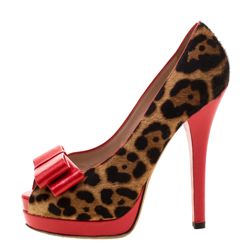 

Fendi Two Tone Leopard Print Pony Hair Peep Toe Platform Pumps Size, Brown