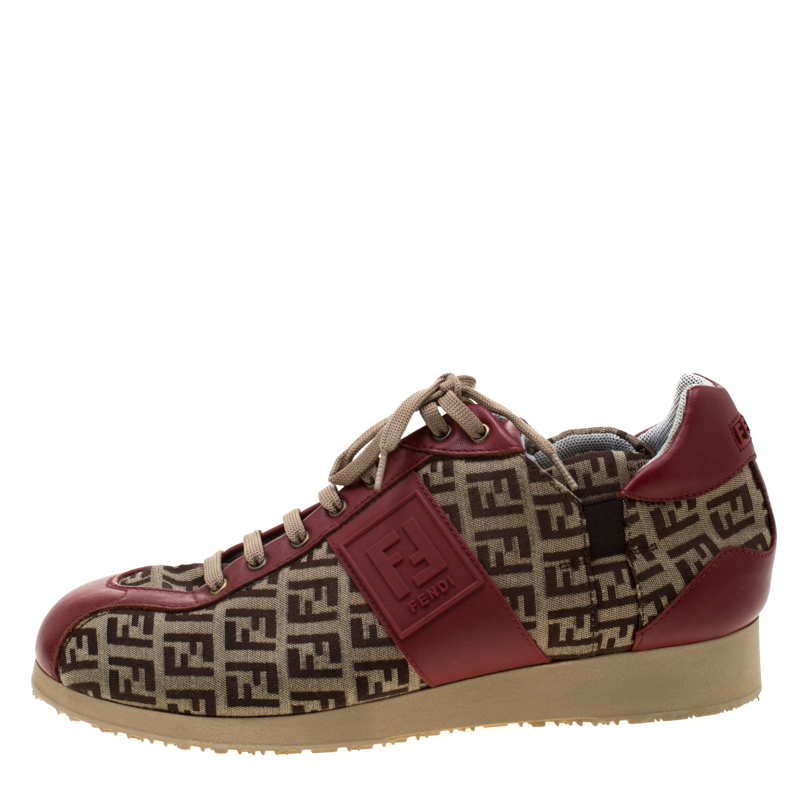 

Fendi Zucca Beige Canvas And Red Leather Lace Up Sneakers Size