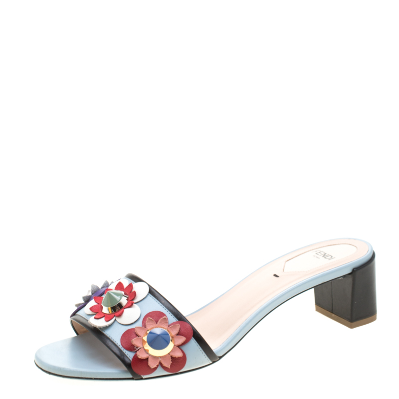 Pre Owned Fendi Powder Blue/Black Leather Flowerland Embellished Block Heel Slides Size 38
