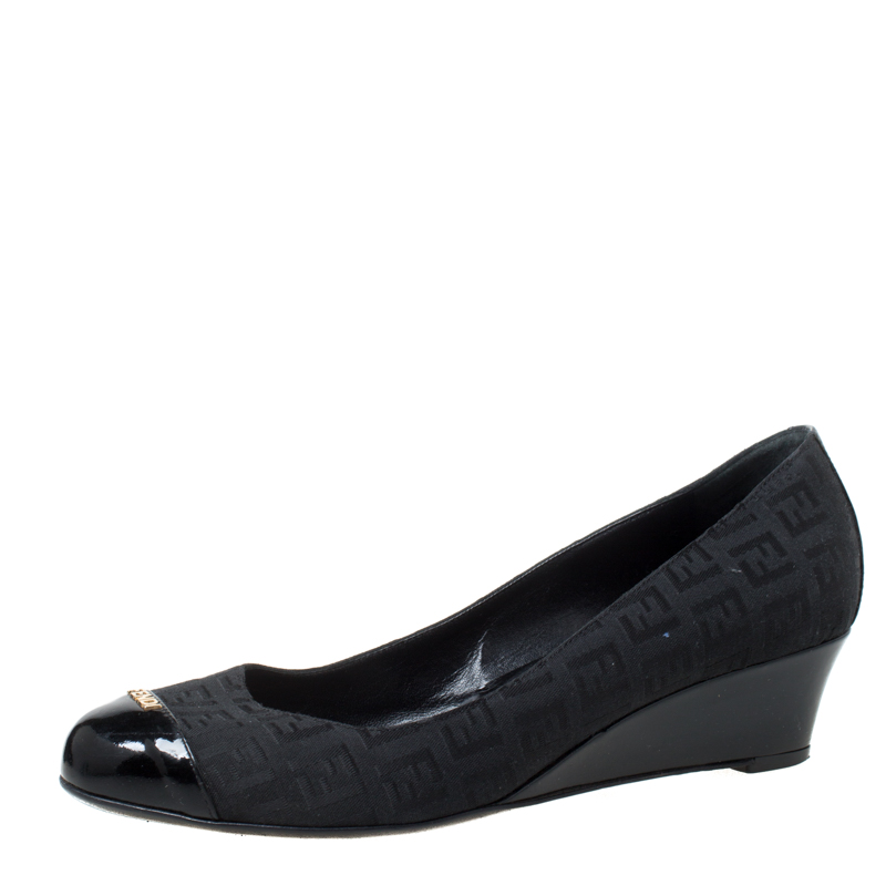 Fendi Black Canvas Wedge Heel Cap Toe Pumps Size 39.5 Fendi | The ...