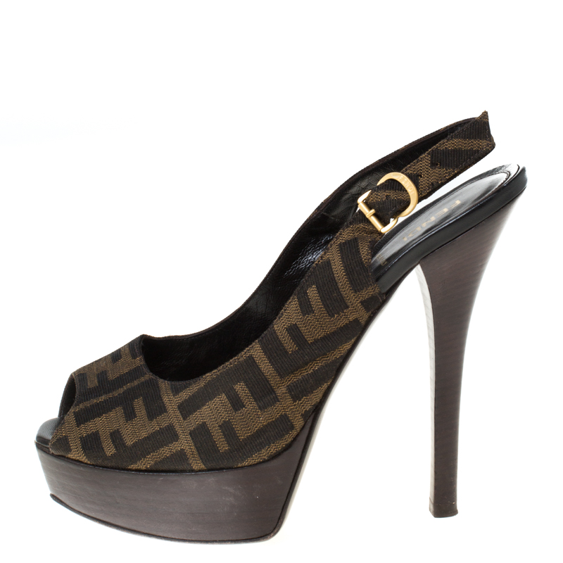 

Fendi Tobacco Brown Zucca Canvas Gold Logo Slingback Platform Pumps Size
