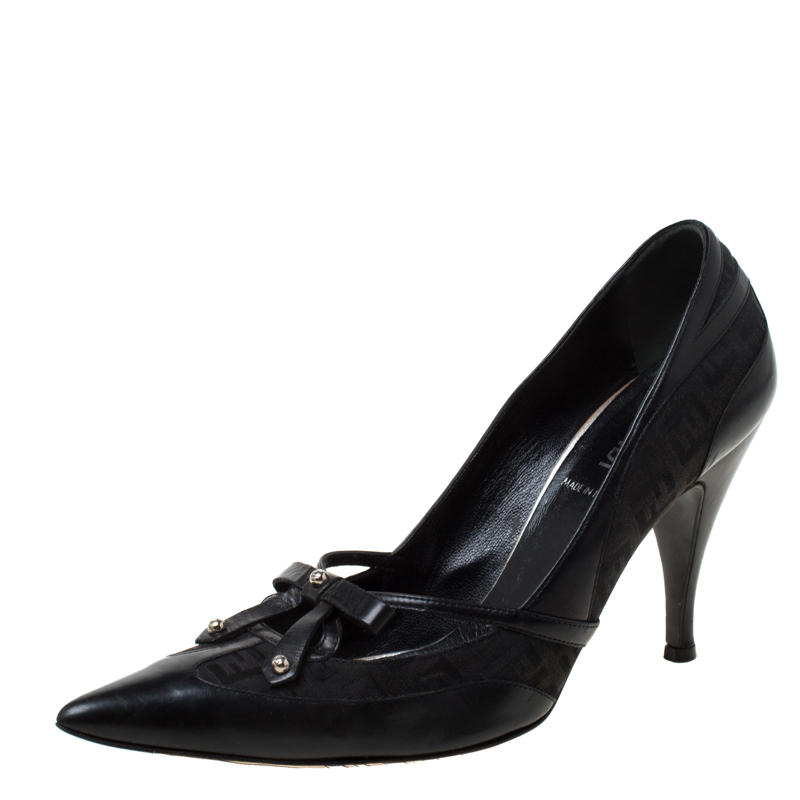 Fendi Black Leather And Canvas Pointed Toe Pumps Size 38 Fendi | TLC