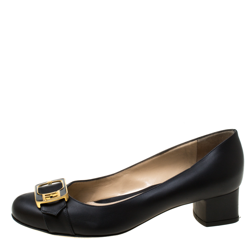 

Fendi Black Leather Chameleon Buckle Block Heel Pumps Size
