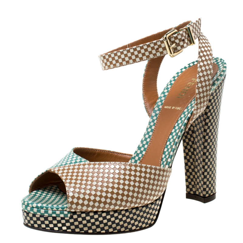 Fendi Multicolor Checkerboard Leather Ankle Strap Peep Toe Sandals Size ...