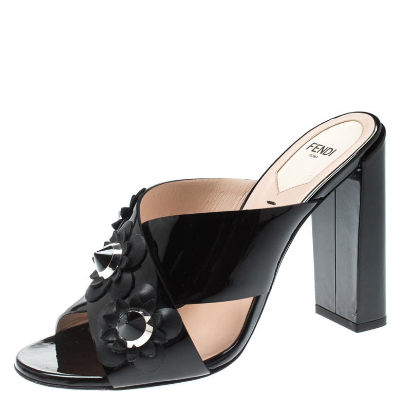 Pre Owned Fendi Black Patent Leather Floral Embellished Cross Strap Sandals Size 38