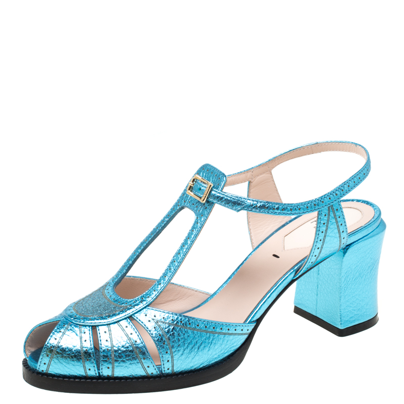 Fendi Metallic Blue Leather Chameleon Block Heel Sandals Size 37