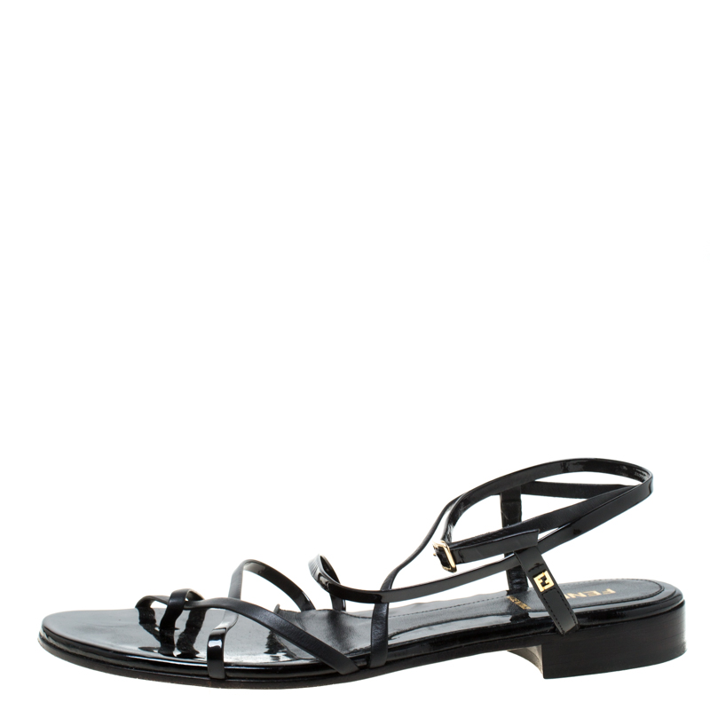 

Fendi Black Patent Leather Strapped Flat Sandals Size