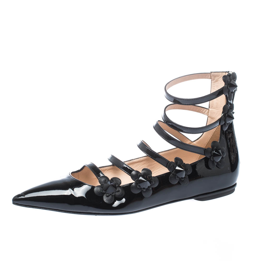 Pre Owned Fendi Black Patent Leather Flowerland Multistrap Flats Size 38
