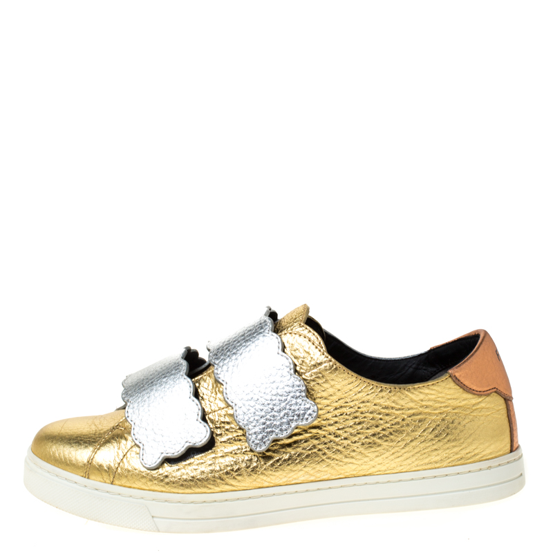 

Fendi Multicolor Metallic Leather Double Strap Slip On Sneakers Size