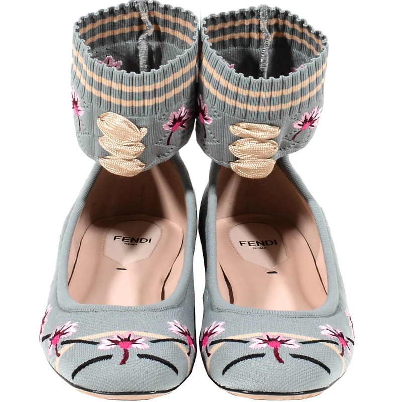 

Fendi Gray/Pink Stretch Fabric Floral Ankle Strap Ballerinas Size, Grey
