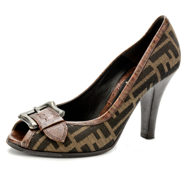 Pre Owned Fendi Zucca B Buckle Peep Toe Pumps Size 38