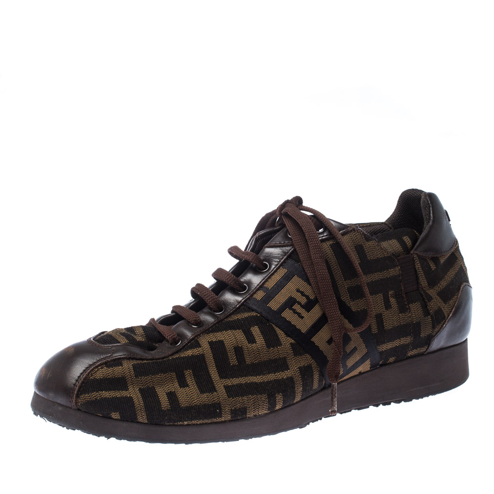  Fendi Brown Zucca Canvas And Leather Lace Up Sneakers Size 40