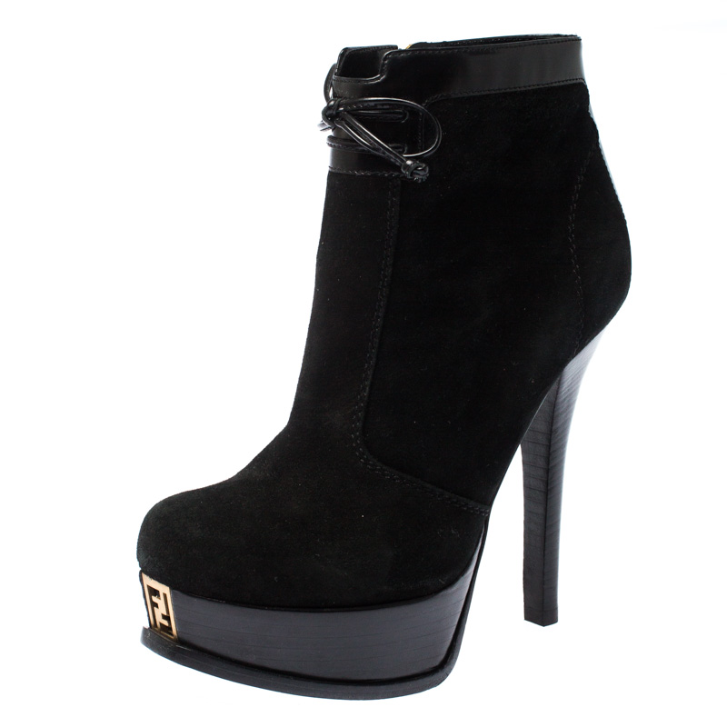 Pre Owned Fendi Black Suede and Leather Fendista Platform Ankle Boots Size 37