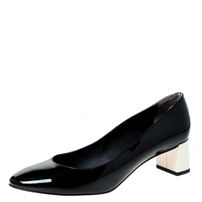 black patent leather block heel pumps