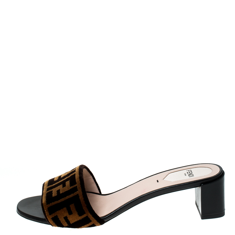 

Fendi Brown Zucca Velvet Slip On Slides Size