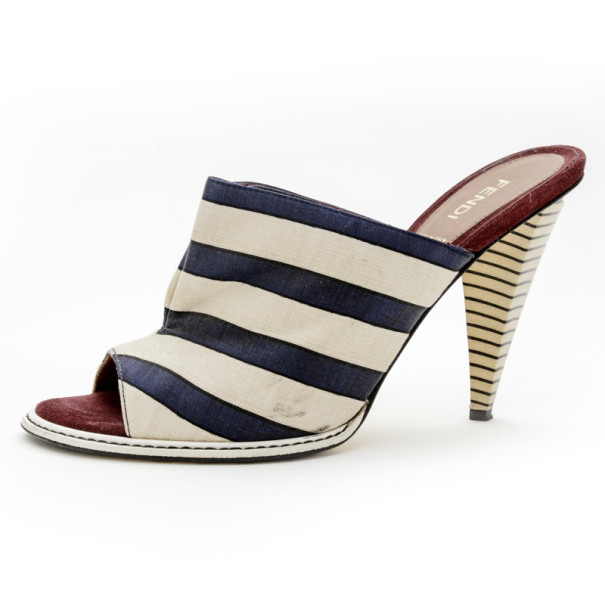 Pre Owned Fendi Striped Satin, Suede and Leather Mules Size 38