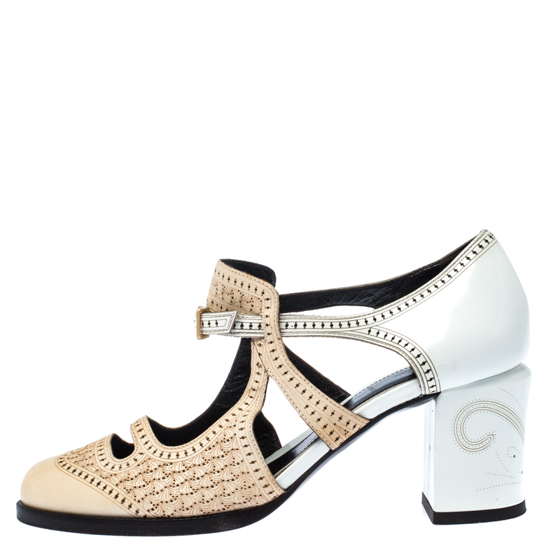 

Fendi Two Tone Laser Cut Leather Chameleon Block Heel Pumps Size, White