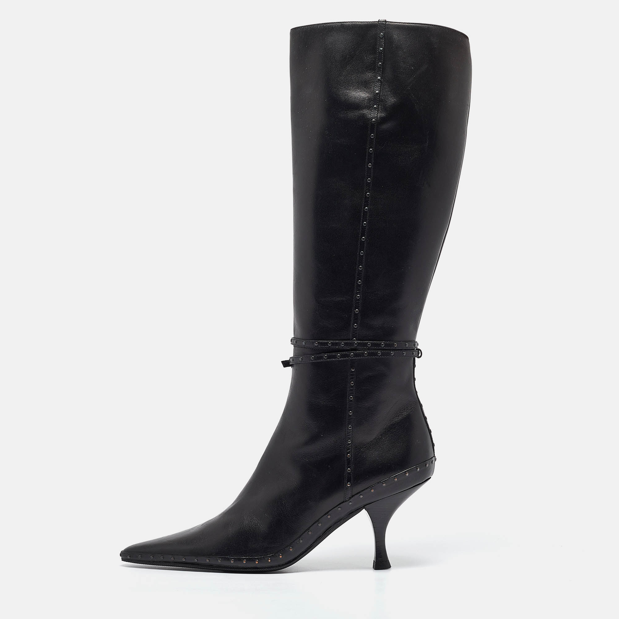 

Fendi Black Leather Pointed Toe Knee Length Boots Size