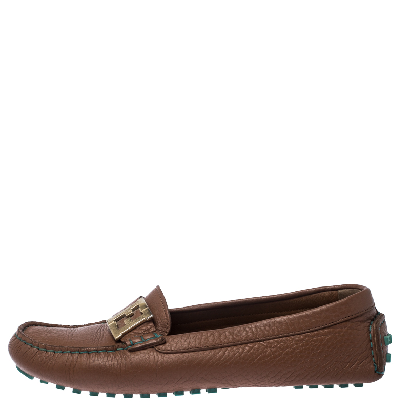 

Fendi Brown Leather Logo Slip On Loafers Size
