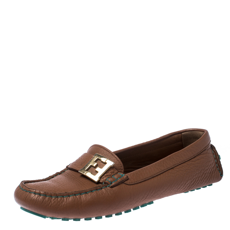 Pre Owned  Fendi Brown Leather Logo Slip On Loafers Size 38.5