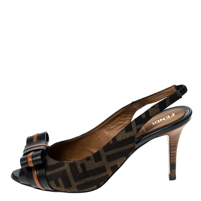 

Fendi Brown Zucca Canvas And Leather Bow Slingback Sandals Size