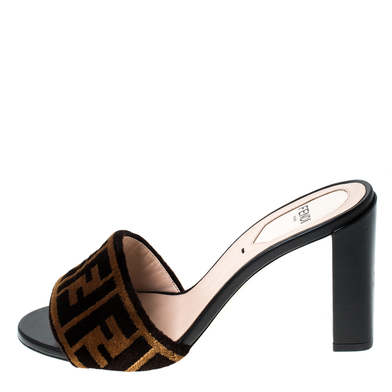 

Fendi Brown Zucca Velvet Slip On Slides Size