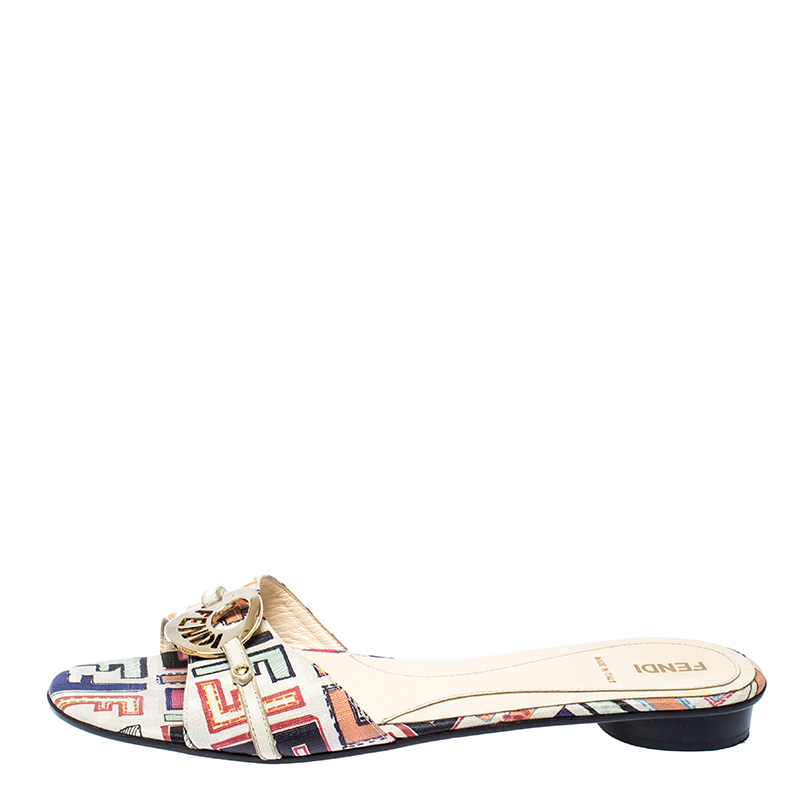 

Fendi Multicolor Canvas Flat Slide Sandals Size