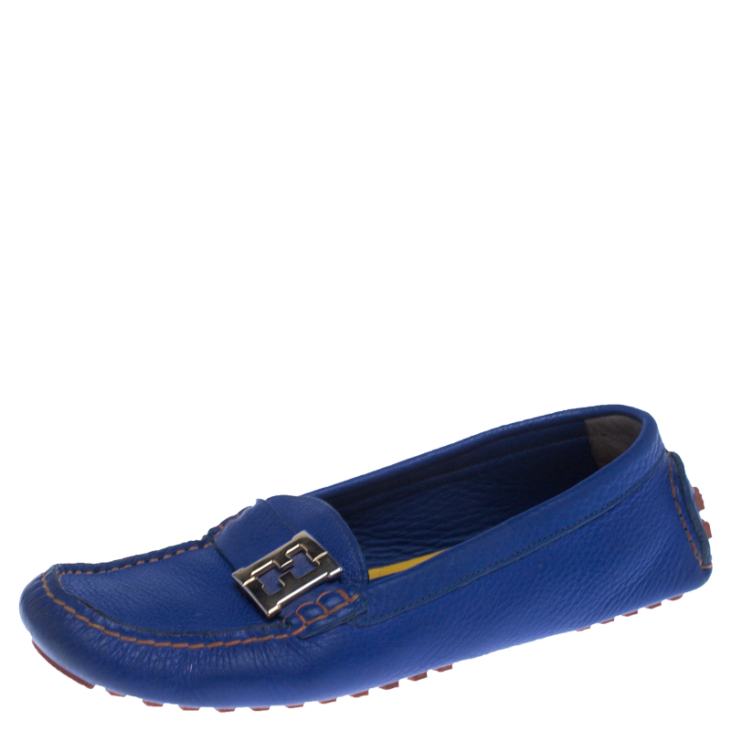 Pre Owned  Fendi Blue Leather Logo Slip On Loafers Size 38.5