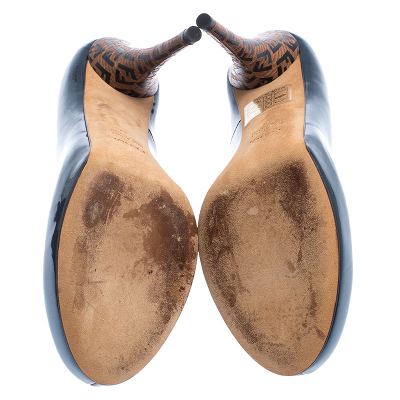 Pre-owned Fendi Blue Patent Leather Zucca Heel Platform Pumps Size 39