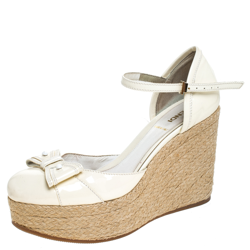 

Fendi White Patent Leather Wedges Espadrille Ankle Strap Platform Sandals Size