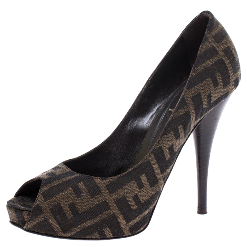 Pre Owned Fendi Brown Zucca Canvas Platform Peep Toe Pumps Size 37