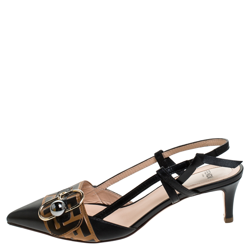 

Fendi Black/Brown Leather Buckle Strap Logo Slingback Pointed Pumps Size