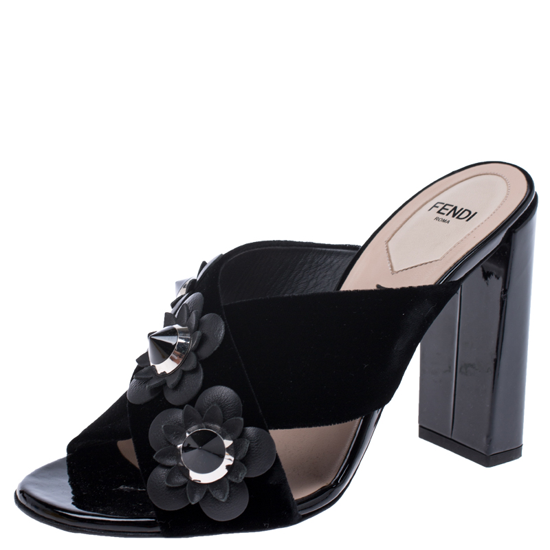 Fendi Black Velvet Flowerland Embellished Open Toe Mules Size 37.5