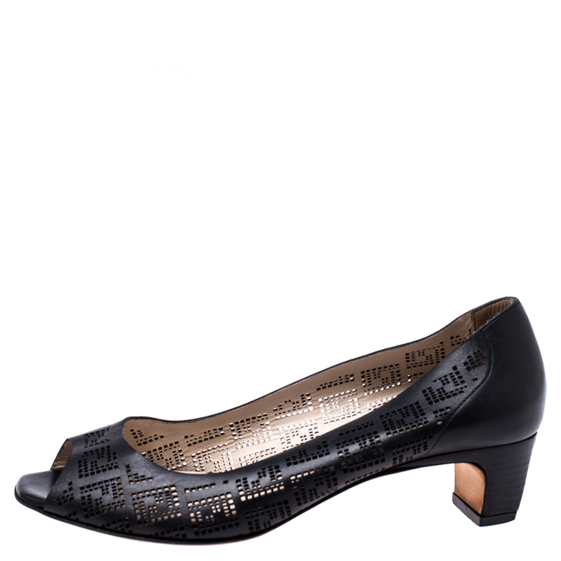 

Fendi Black Perforated Leather Peep Toe Pumps Size