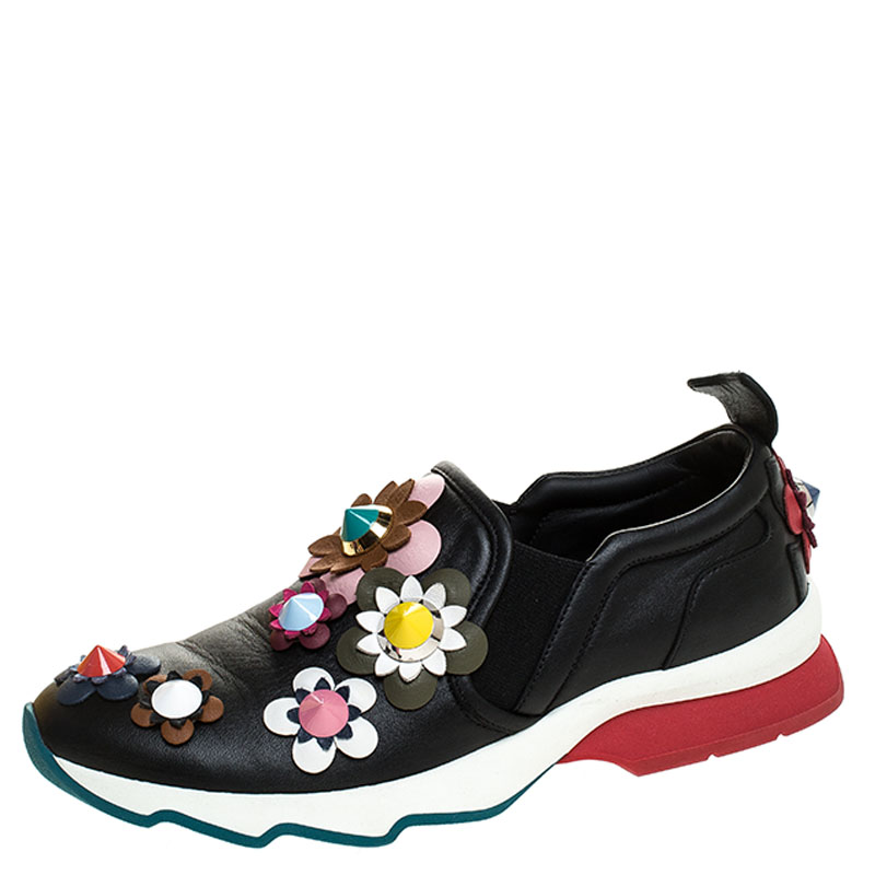 Pre Owned Fendi Black Leather Flowerland Slip On Sneakers Size 37