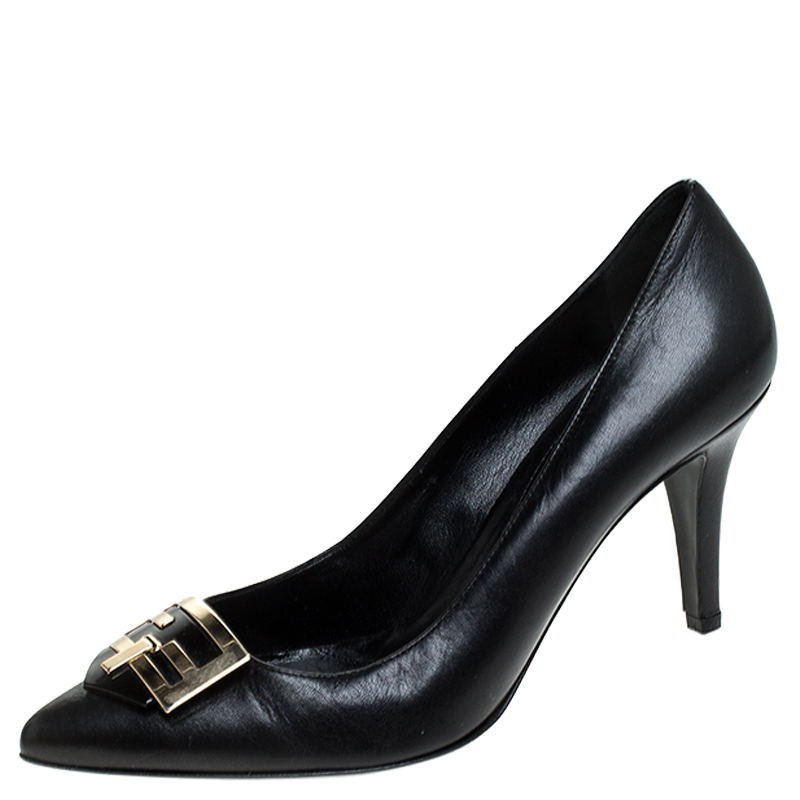 Pre Owned Fendi Black Leather Logo Detail Pointed Toe Pumps Size 39