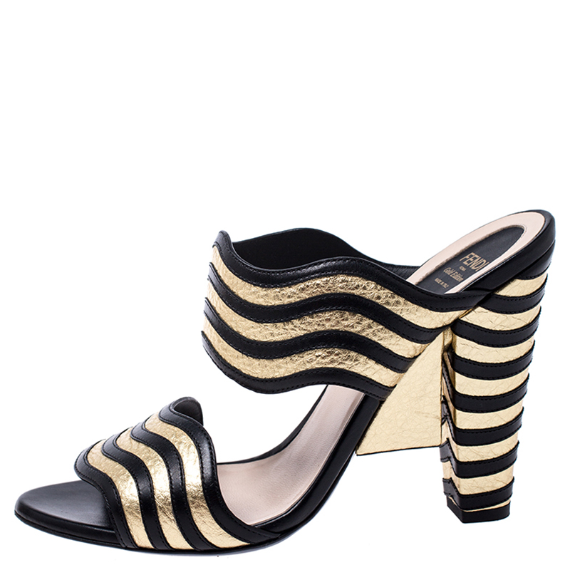 

Fendi Metallic Gold/Black Leather Hypnosis Sandals Size
