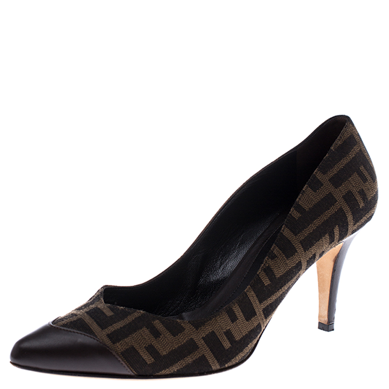 Pre Owned Fendi Brown/Tobacco Zucca Canvas and Leather Pointed Toe Pumps Size 41