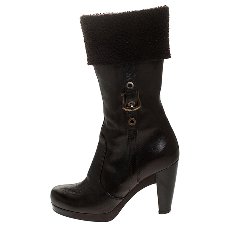 

Fendi Brown Leather And Wool Mid Calf Block Heel Platform Boots Size