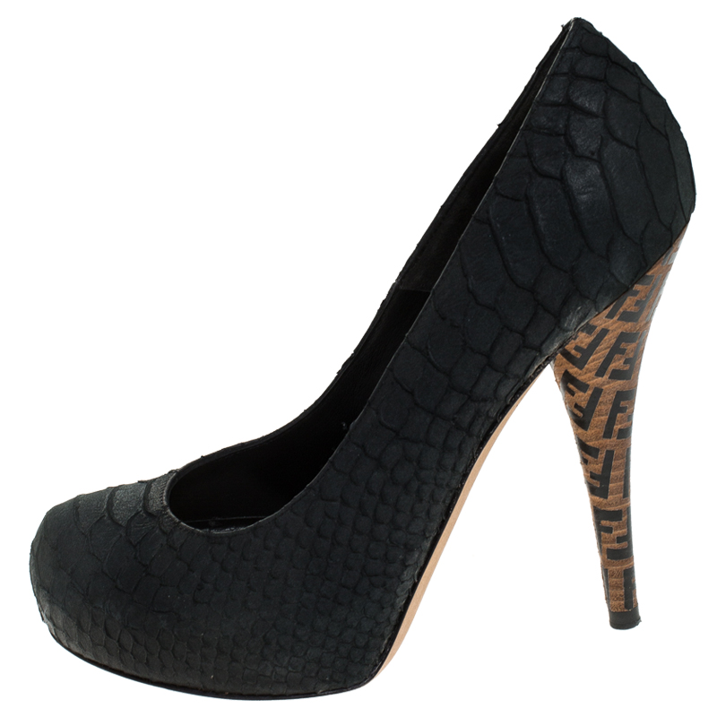 

Fendi Dark Deep Green Python Embossed Leather Zucca Print Heel Pumps Size