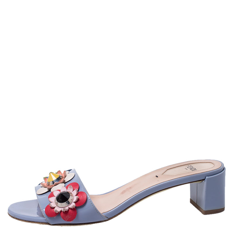 

Fendi Multicolor Patent Leather Flowerland Block Heel Slides Size
