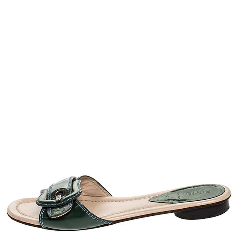 

Fendi Green Patent Leather B Buckle Flat Slides Size