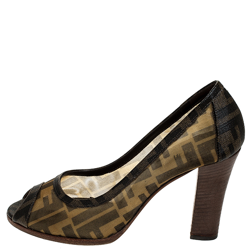 

Fendi Zucca Mesh And Zucca Canvas Trim Peep Toe Pumps Size, Brown