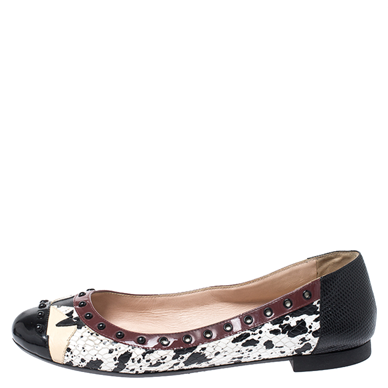 

Fendi Multicolor Embossed Python And Lizard, Patent Leather Trim And Cap Toe Monster Ballet Flats Size