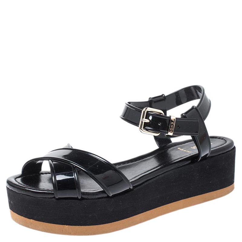 Fendi Black PVC Hydra Crisscross Ankle Strap Platform Sandals Size 41